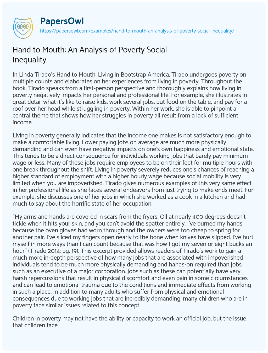 Essay on Hand to Mouth: an Analysis of Poverty Social Inequality  