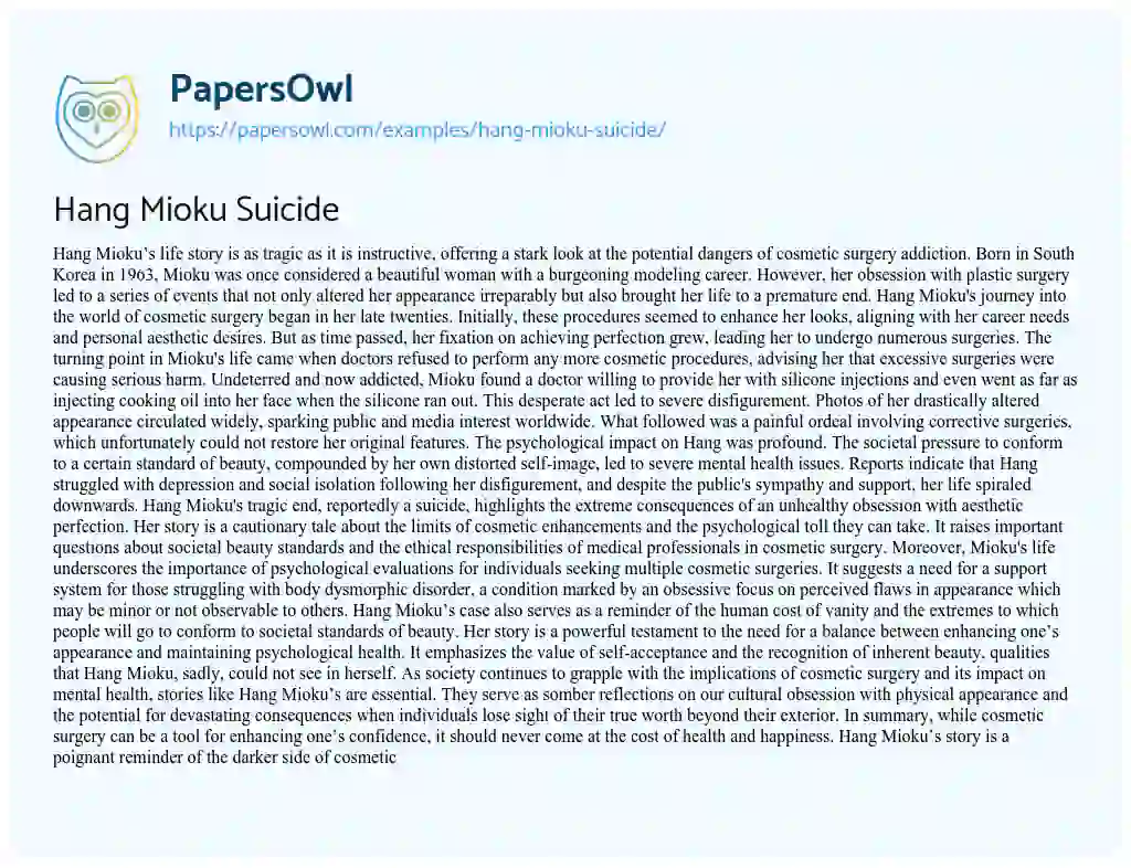 Essay on Hang Mioku Suicide