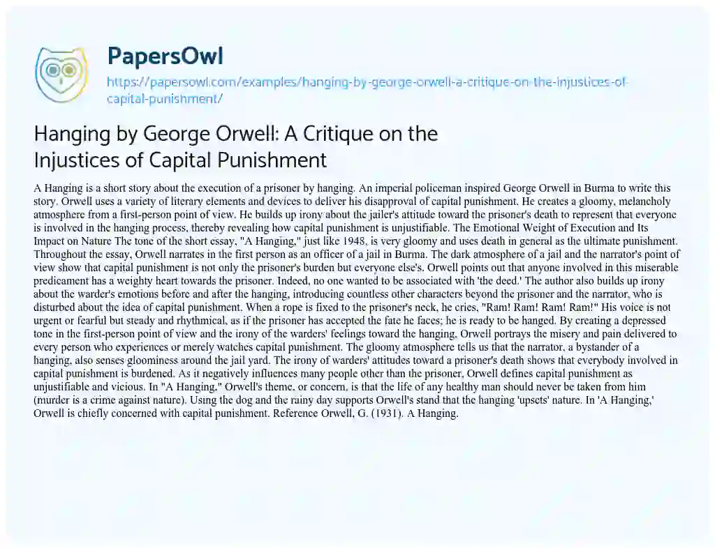 Essay on Hanging by George Orwell: a Critique on the Injustices of Capital Punishment