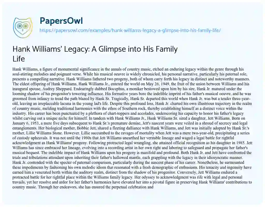 Hank Williams' Legacy: A Glimpse into His Family Life - Free Essay