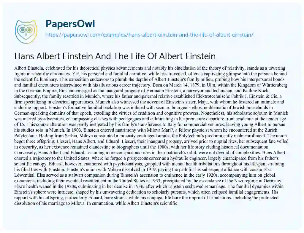 Essay on Hans Albert Einstein and the Life of Albert Einstein
