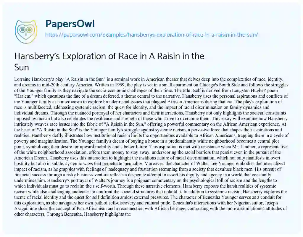 Essay on Hansberry’s Exploration of Race in A Raisin in the Sun
