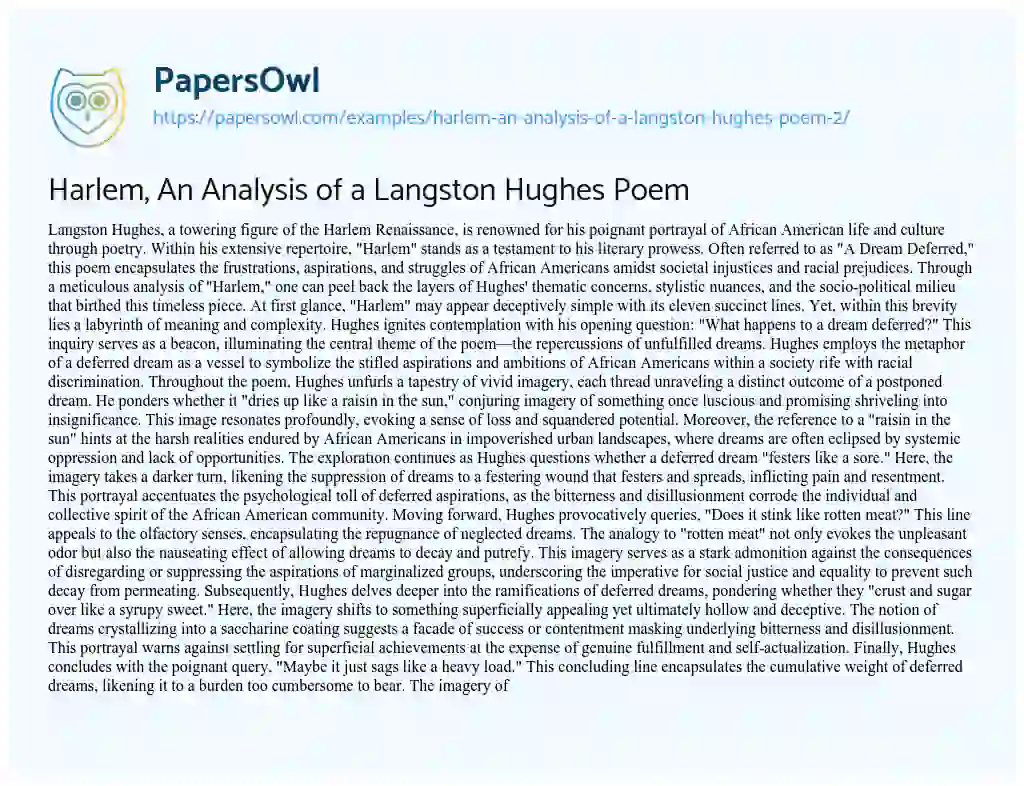 Essay on Harlem, an Analysis of a Langston Hughes Poem