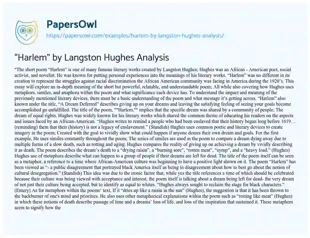 “Harlem” by Langston Hughes Analysis essay