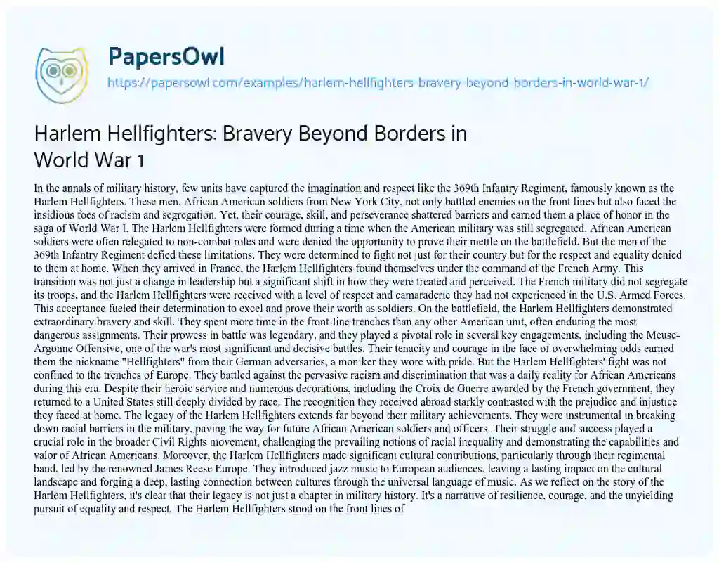 Essay on Harlem Hellfighters: Bravery Beyond Borders in World War 1