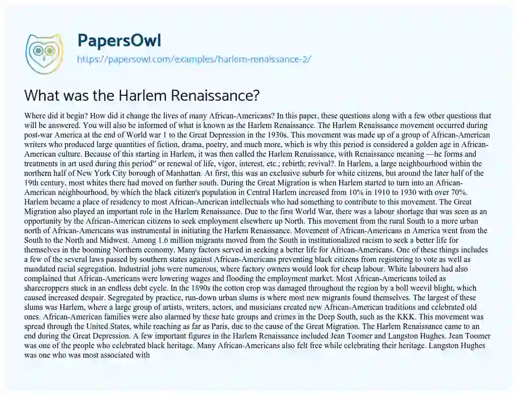 What was the Harlem Renaissance? essay
