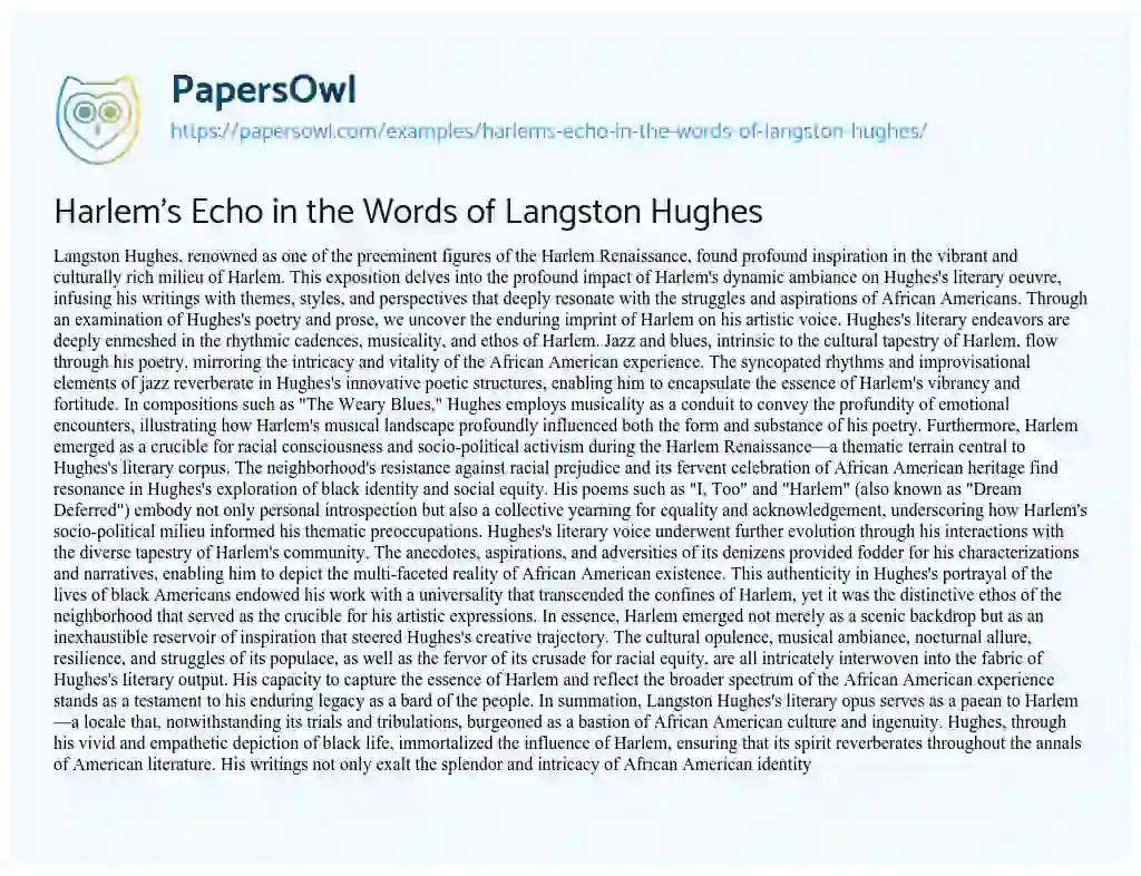 Essay on Harlem’s Echo in the Words of Langston Hughes