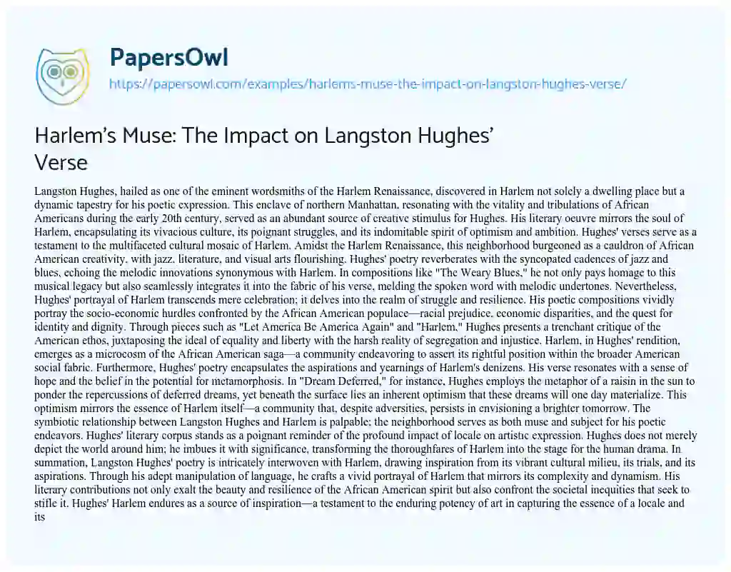 Essay on Harlem’s Muse: the Impact on Langston Hughes’ Verse
