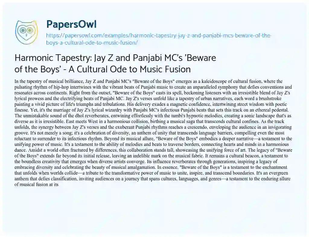 Essay on Harmonic Tapestry: Jay Z and Panjabi MC’s ‘Beware of the Boys’ – a Cultural Ode to Music Fusion