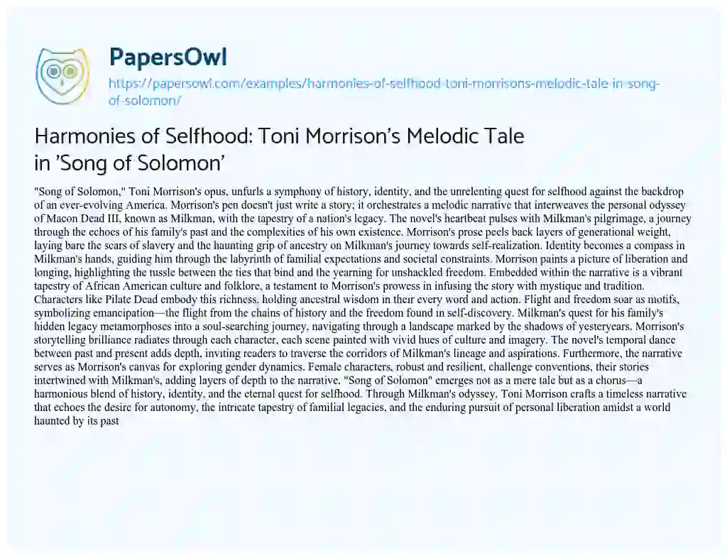 Essay on Harmonies of Selfhood: Toni Morrison’s Melodic Tale in ‘Song of Solomon’