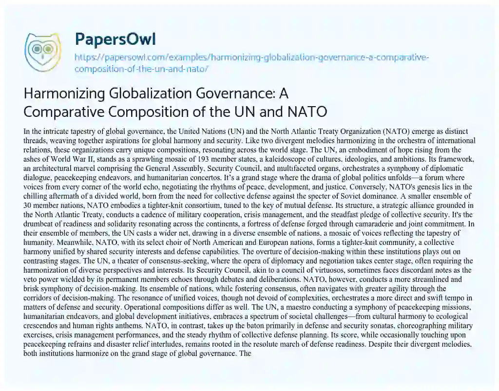 Essay on Harmonizing Globalization Governance: a Comparative Composition of the UN and NATO