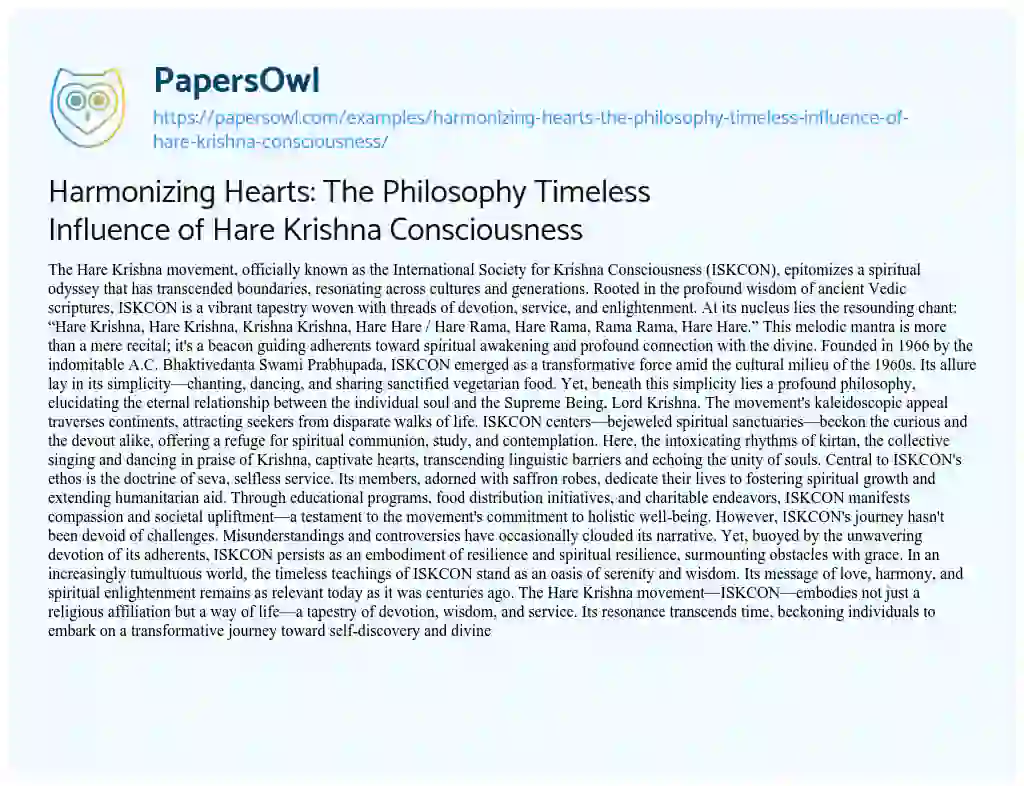 Essay on Harmonizing Hearts: the Philosophy Timeless Influence of Hare Krishna Consciousness