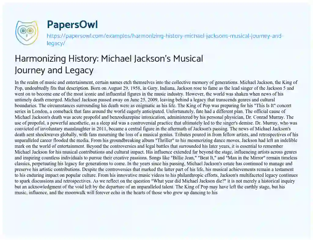 Essay on Harmonizing History: Michael Jackson’s Musical Journey and Legacy