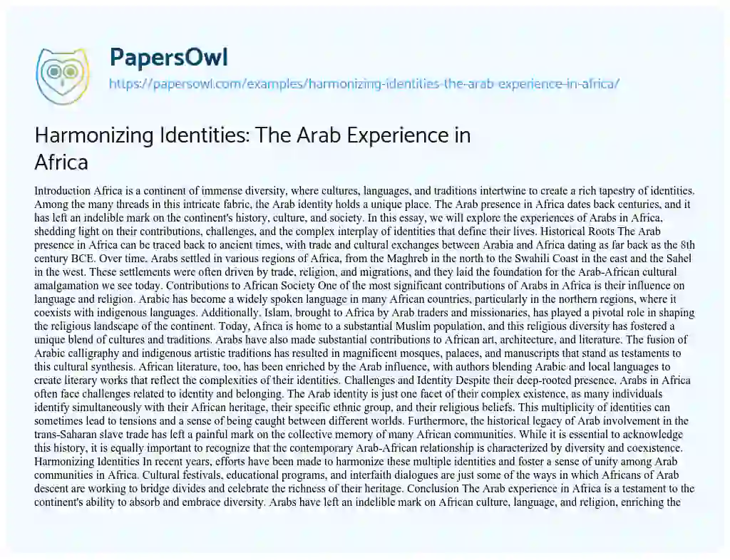 Essay on Harmonizing Identities: the Arab Experience in Africa