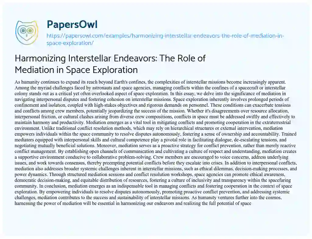 Essay on Harmonizing Interstellar Endeavors: the Role of Mediation in Space Exploration