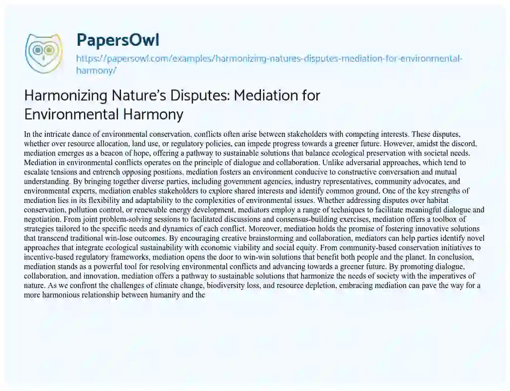 Essay on Harmonizing Nature’s Disputes: Mediation for Environmental Harmony