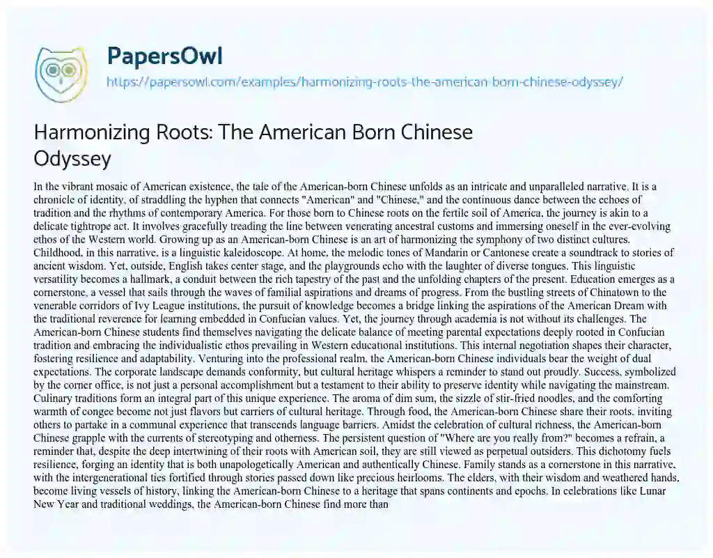 Essay on Harmonizing Roots: the American Born Chinese Odyssey