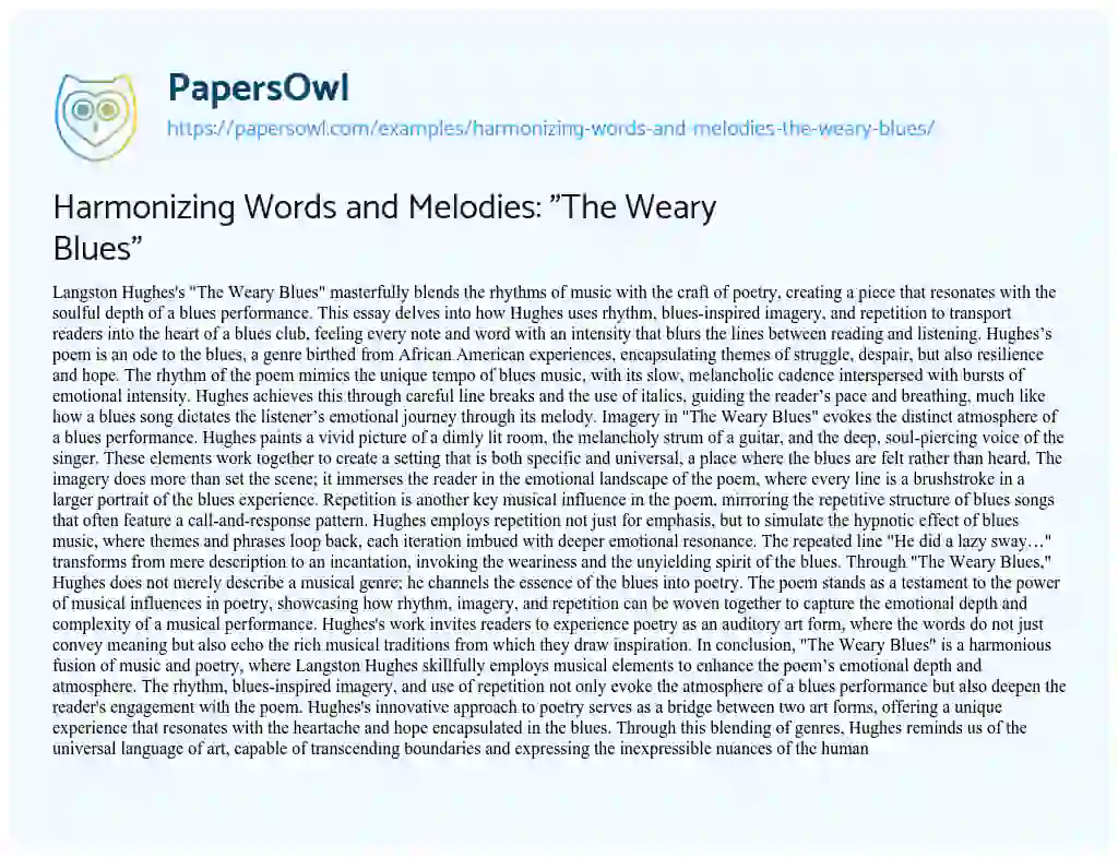 Essay on Harmonizing Words and Melodies: “The Weary Blues”