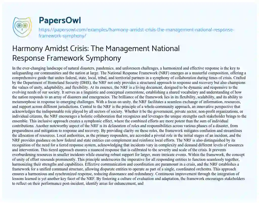 Essay on Harmony Amidst Crisis: the Management National Response Framework Symphony