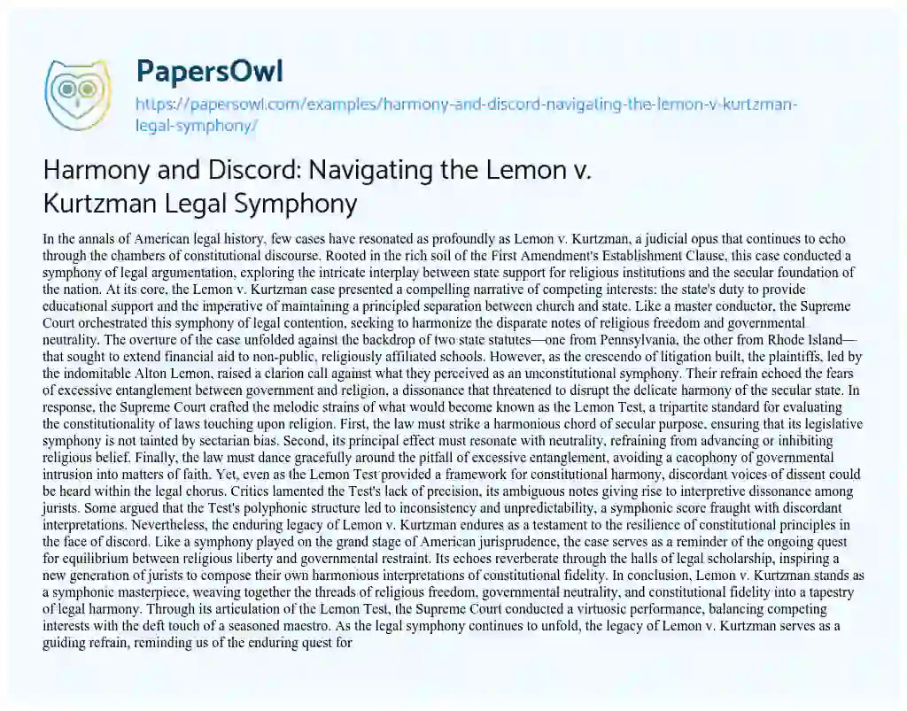 Essay on Harmony and Discord: Navigating the Lemon V. Kurtzman Legal Symphony