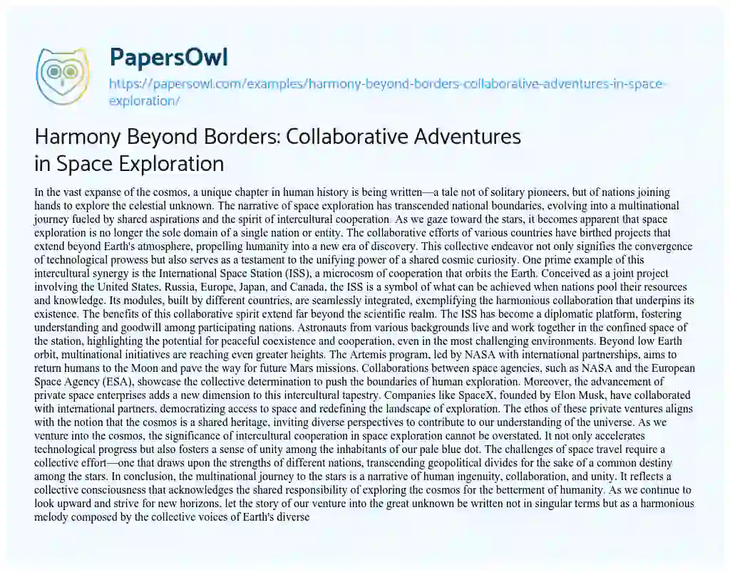 Essay on Harmony Beyond Borders: Collaborative Adventures in Space Exploration