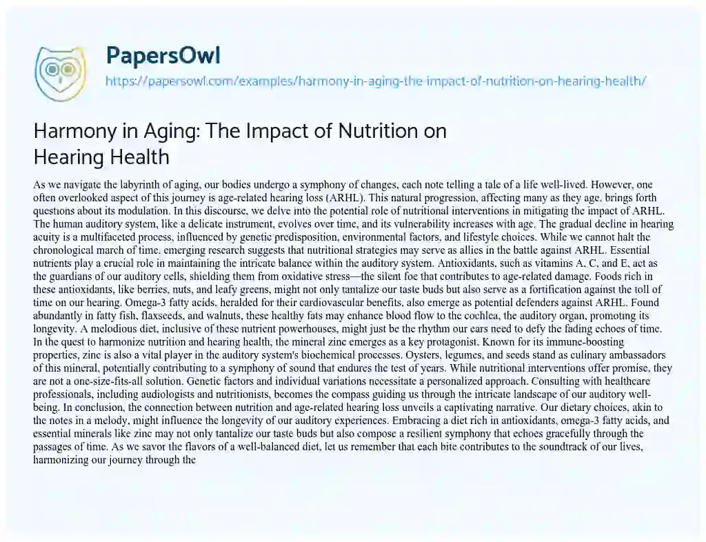 Essay on Harmony in Aging: the Impact of Nutrition on Hearing Health