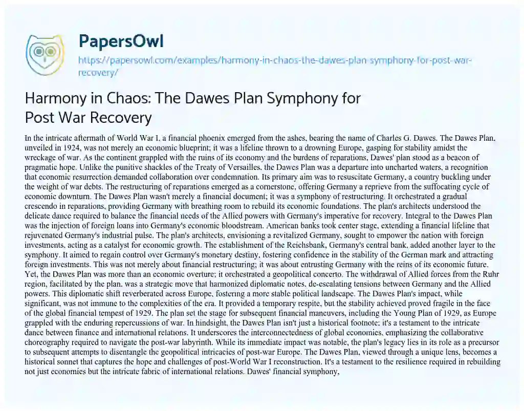 Essay on Harmony in Chaos: the Dawes Plan Symphony for Post War Recovery