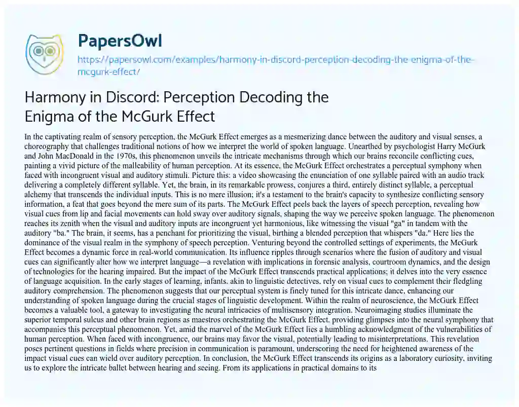 Essay on Harmony in Discord: Perception Decoding the Enigma of the McGurk Effect