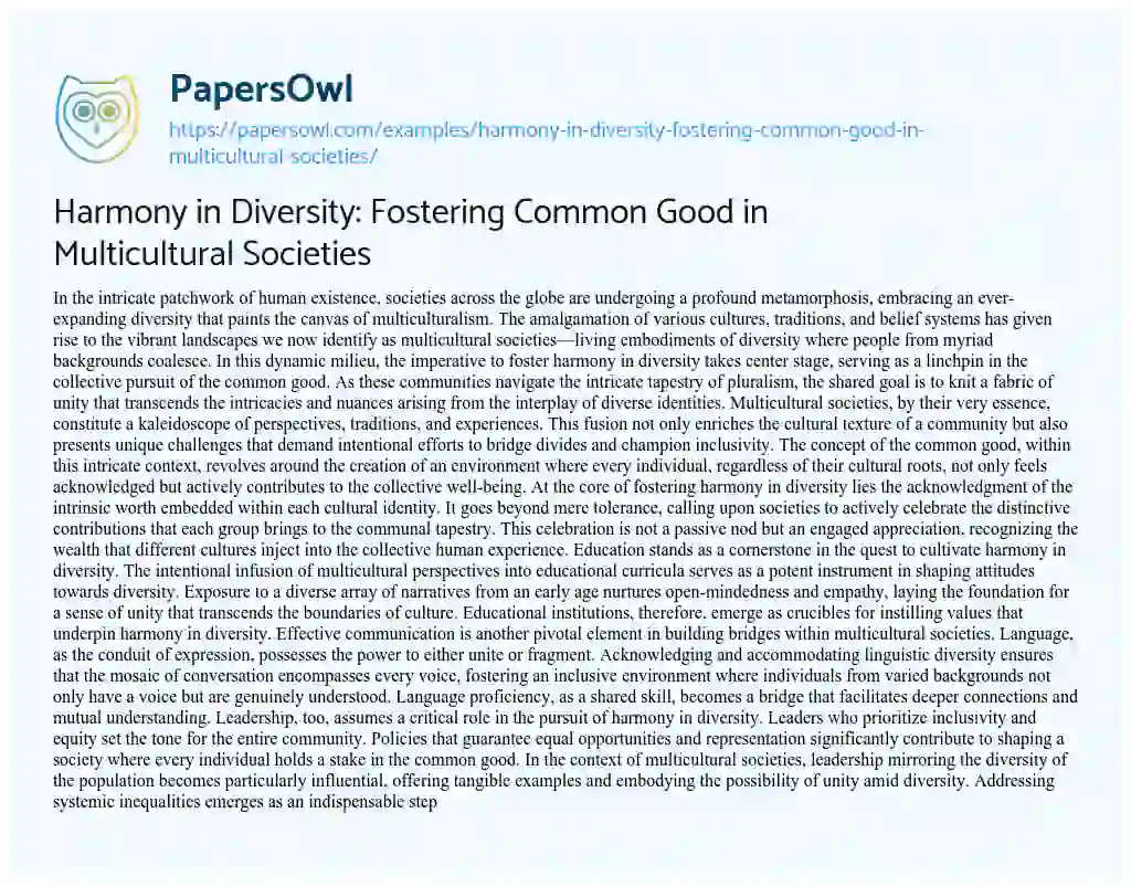 Essay on Harmony in Diversity: Fostering Common Good in Multicultural Societies