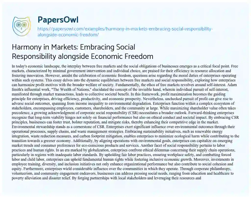 Essay on Harmony in Markets: Embracing Social Responsibility Alongside Economic Freedom