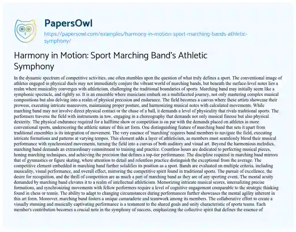 Essay on Harmony in Motion: Sport Marching Band’s Athletic Symphony