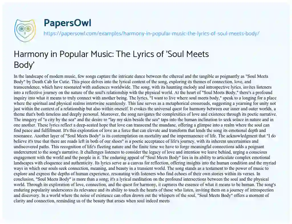 Essay on Harmony in Popular Music: the Lyrics of ‘Soul Meets Body’