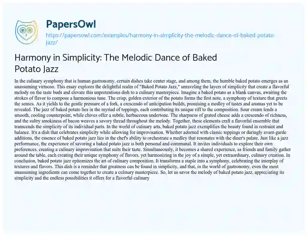 Essay on Harmony in Simplicity: the Melodic Dance of Baked Potato Jazz