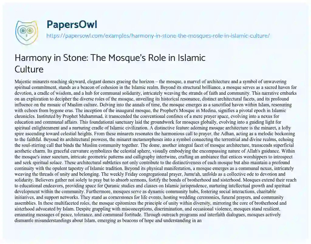 Essay on Harmony in Stone: the Mosque’s Role in Islamic Culture
