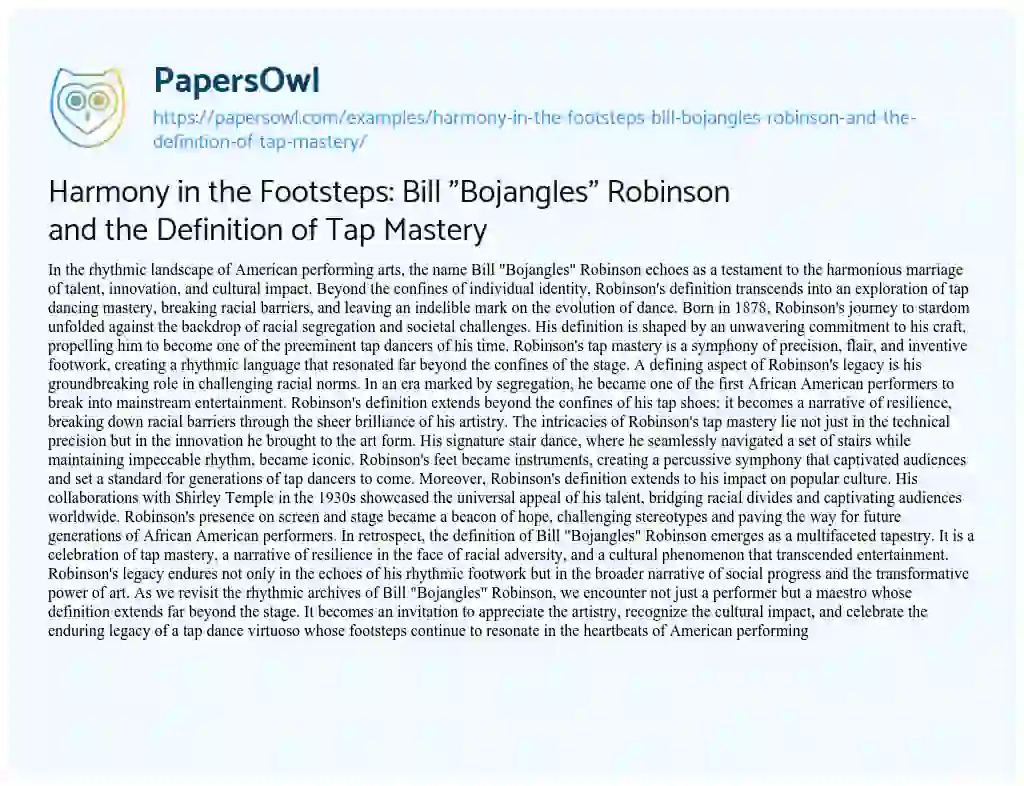Essay on Harmony in the Footsteps: Bill “Bojangles” Robinson and the Definition of Tap Mastery