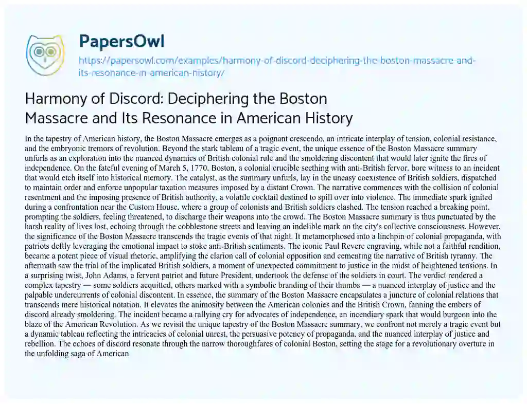 Essay on Harmony of Discord: Deciphering the Boston Massacre and its Resonance in American History