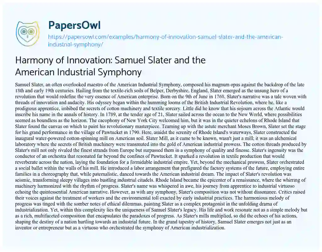 Essay on Harmony of Innovation: Samuel Slater and the American Industrial Symphony