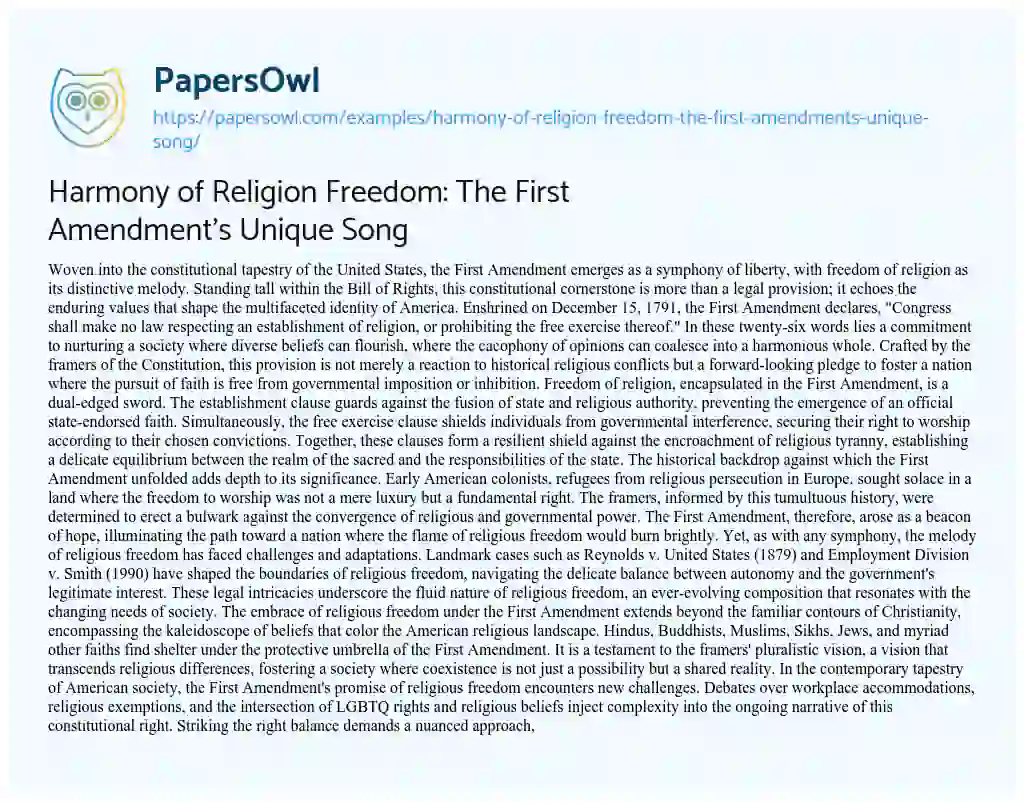 Essay on Harmony of Religion Freedom: the First Amendment’s Unique Song