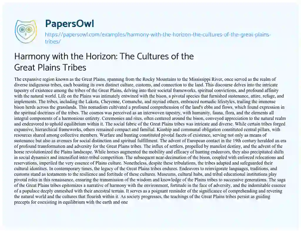 Essay on Harmony with the Horizon: The Cultures of the Great Plains Tribes