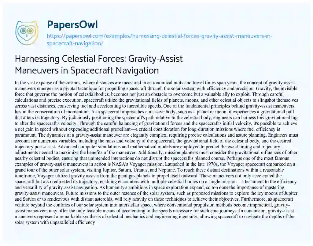 Essay on Harnessing Celestial Forces: Gravity-Assist Maneuvers in Spacecraft Navigation