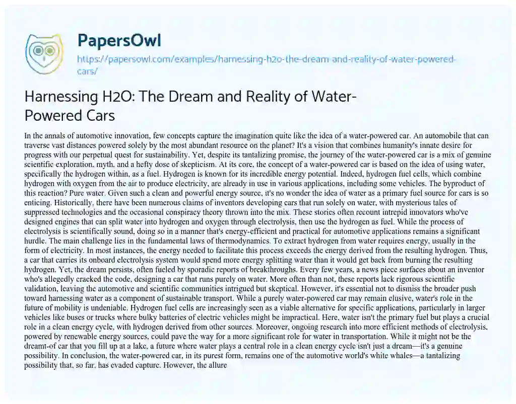 Essay on Harnessing H2O: the Dream and Reality of Water-Powered Cars