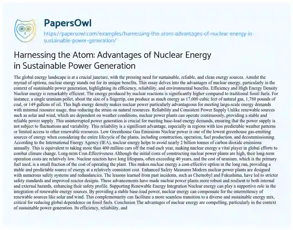 Essay on Harnessing the Atom: Advantages of Nuclear Energy in Sustainable Power Generation