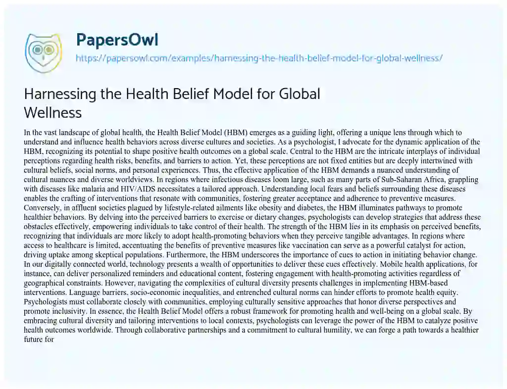 Essay on Harnessing the Health Belief Model for Global Wellness
