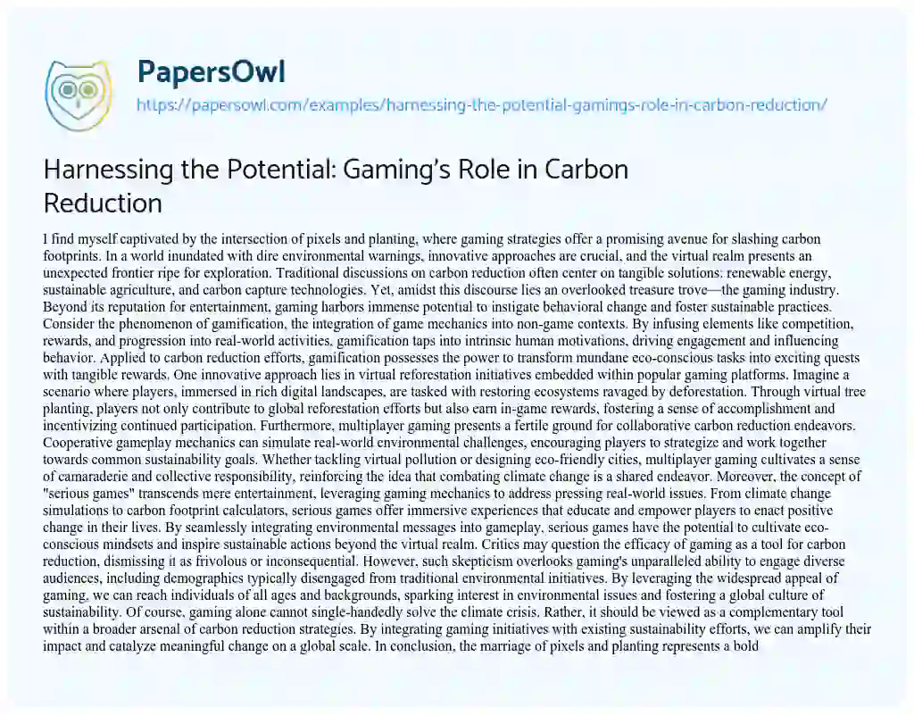 Essay on Harnessing the Potential: Gaming’s Role in Carbon Reduction