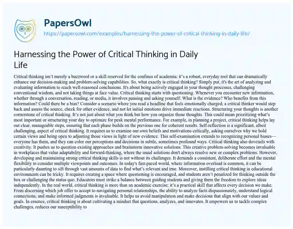 Essay on Harnessing the Power of Critical Thinking in Daily Life