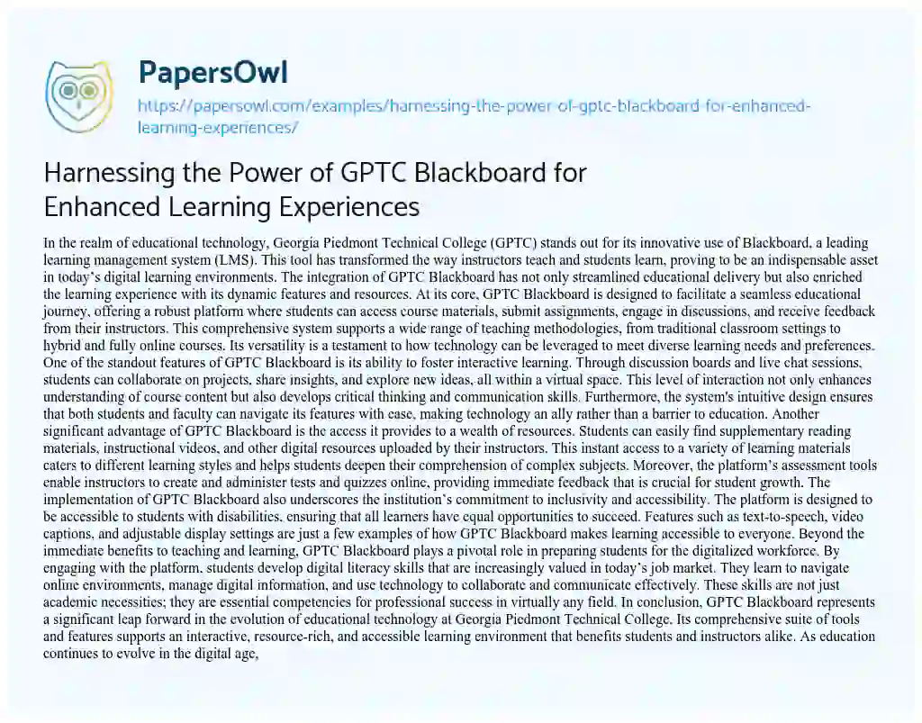 Essay on Harnessing the Power of GPTC Blackboard for Enhanced Learning Experiences