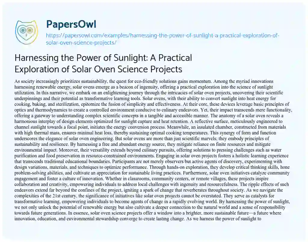 Essay on Harnessing the Power of Sunlight: A Practical Exploration of Solar Oven Science Projects