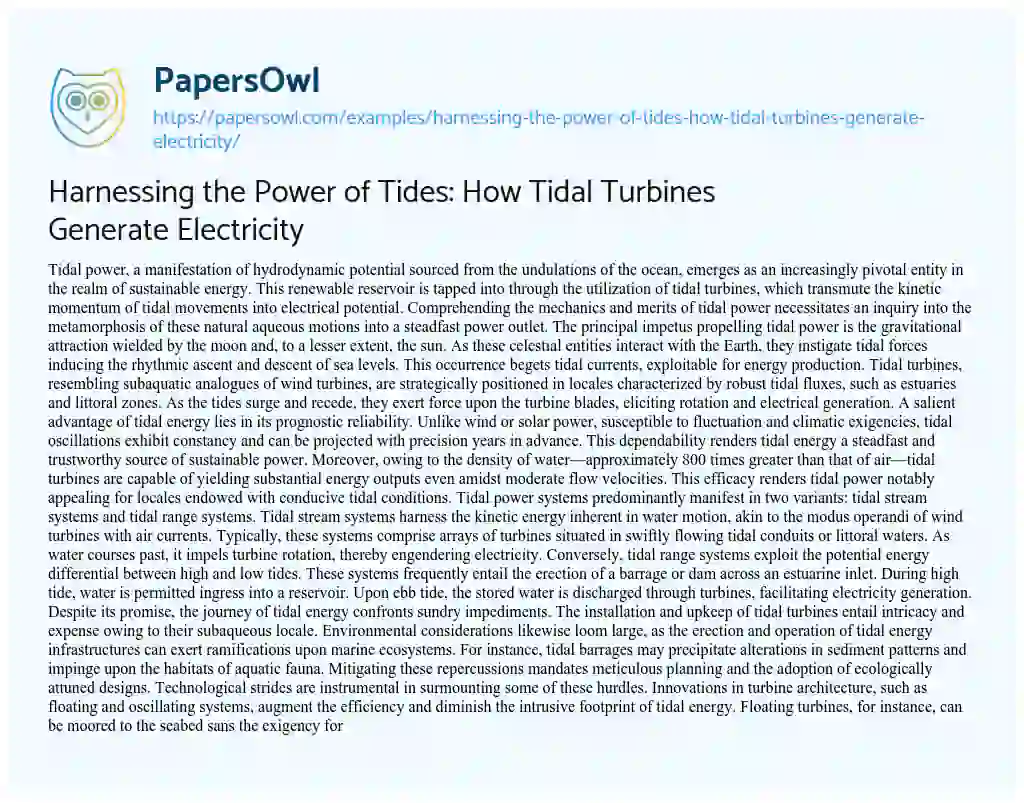Essay on Harnessing the Power of Tides: How Tidal Turbines Generate Electricity