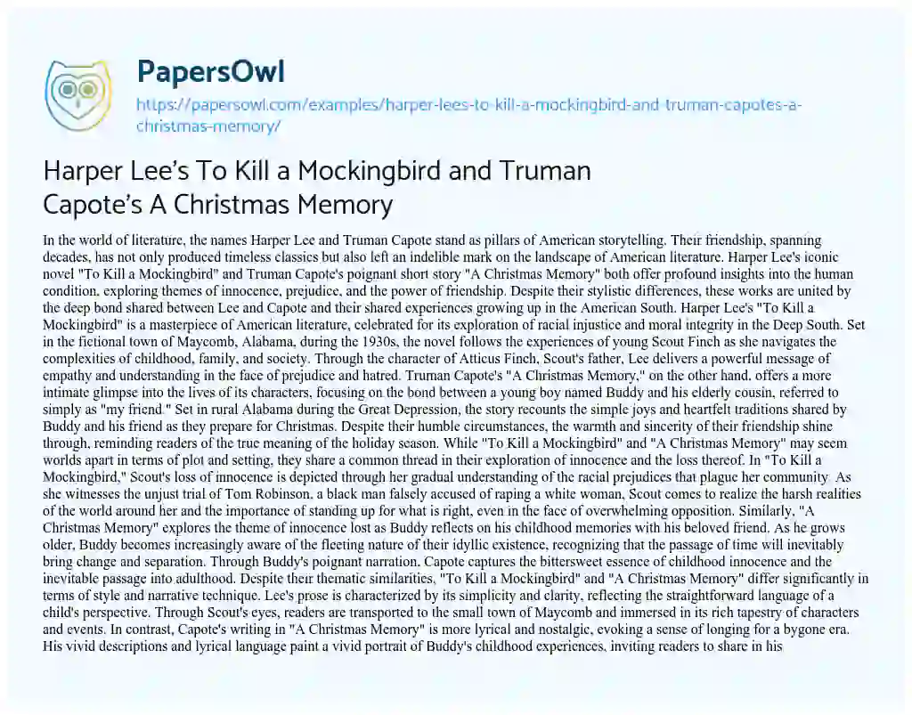 Essay on Harper Lee’s to Kill a Mockingbird and Truman Capote’s a Christmas Memory