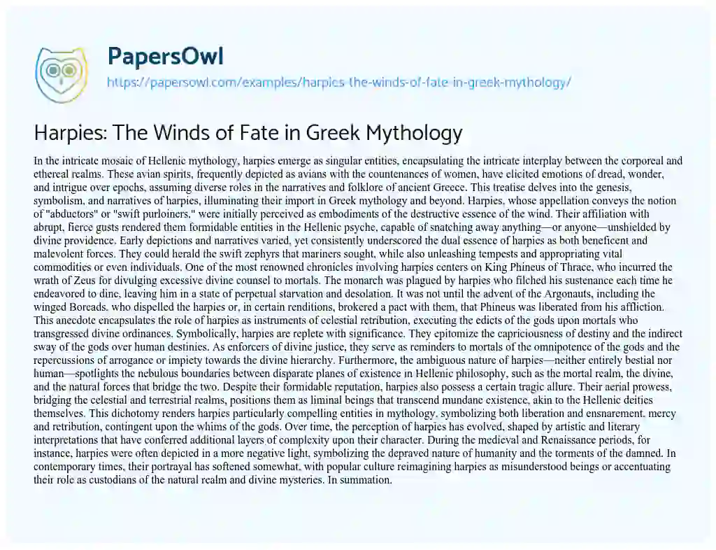 Essay on Harpies: the Winds of Fate in Greek Mythology